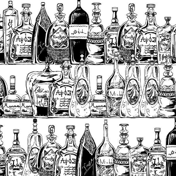 はるかはるか昔に描いた架空の酒瓶ブラシ バーの棚っぽい背景かくのに地味にべんり 