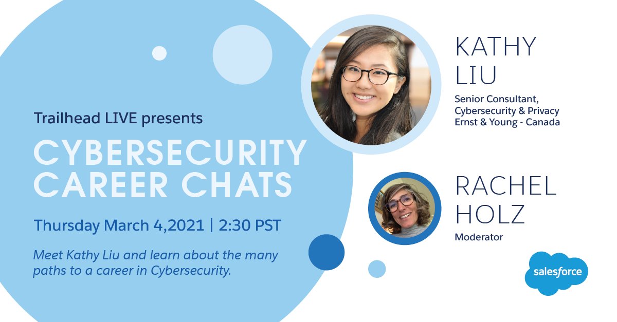 Looking for a career path in Cybersecurity?

Join #TrailheadLIVE for a conversation with Kathy Liu, Project Lead of Inclusive Cyber Talent, <a href="/GlobalShapers/">Global Shapers</a>.

Thursday, March 4th, 2:30 PT. sforce.co/3dGBjWX