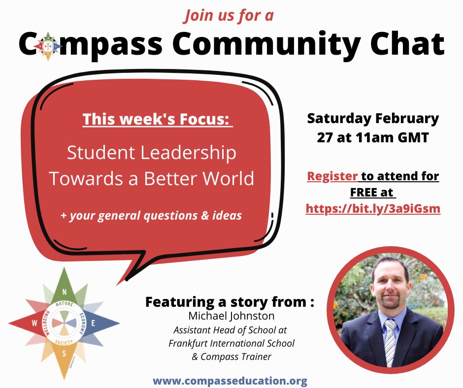Compass_Ed's tweet photo. We have space available for our next chat on Saturday! Join @johnstonmike34 & learn how to use #Compass_Ed tools to empower student leaders as agents of sustainable change. Register here https://t.co/5NKKBbQnX7 #CompassChat #youthleaders #youthleadership #changemakers https://t.co/vsCVr1kjNy