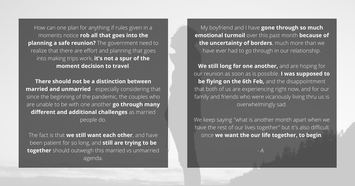 We will be strong. 
We will be resilient. 
We have gone through so much more than many married couples we know.
We will get through it together because we love each other. 
Our relationship will prevail. 

And we will remember how the governments treated us.
#loveisnottourism