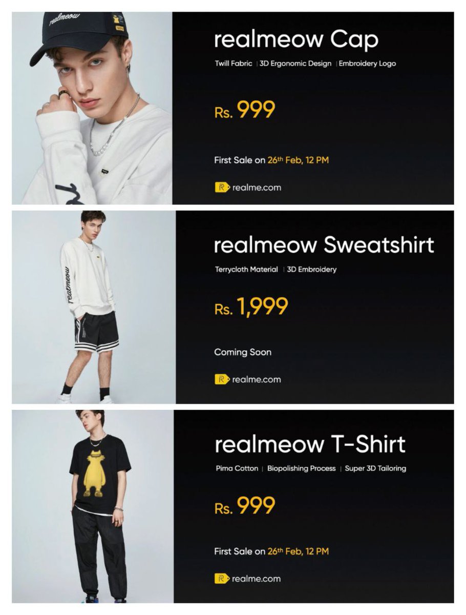 techscico's tweet photo. Realmeow merchandise products
- Realmeow Tshirt price - ₹999/-
- Realmeow Cap price - ₹999/-
- Realmeow Sweatshirt price - ₹1,999/-
#TechSciCo
#Realme #realmeow #realmeowTshirt #realmeowSweatshirt #realmeowCap https://t.co/O6KwFa8LSk