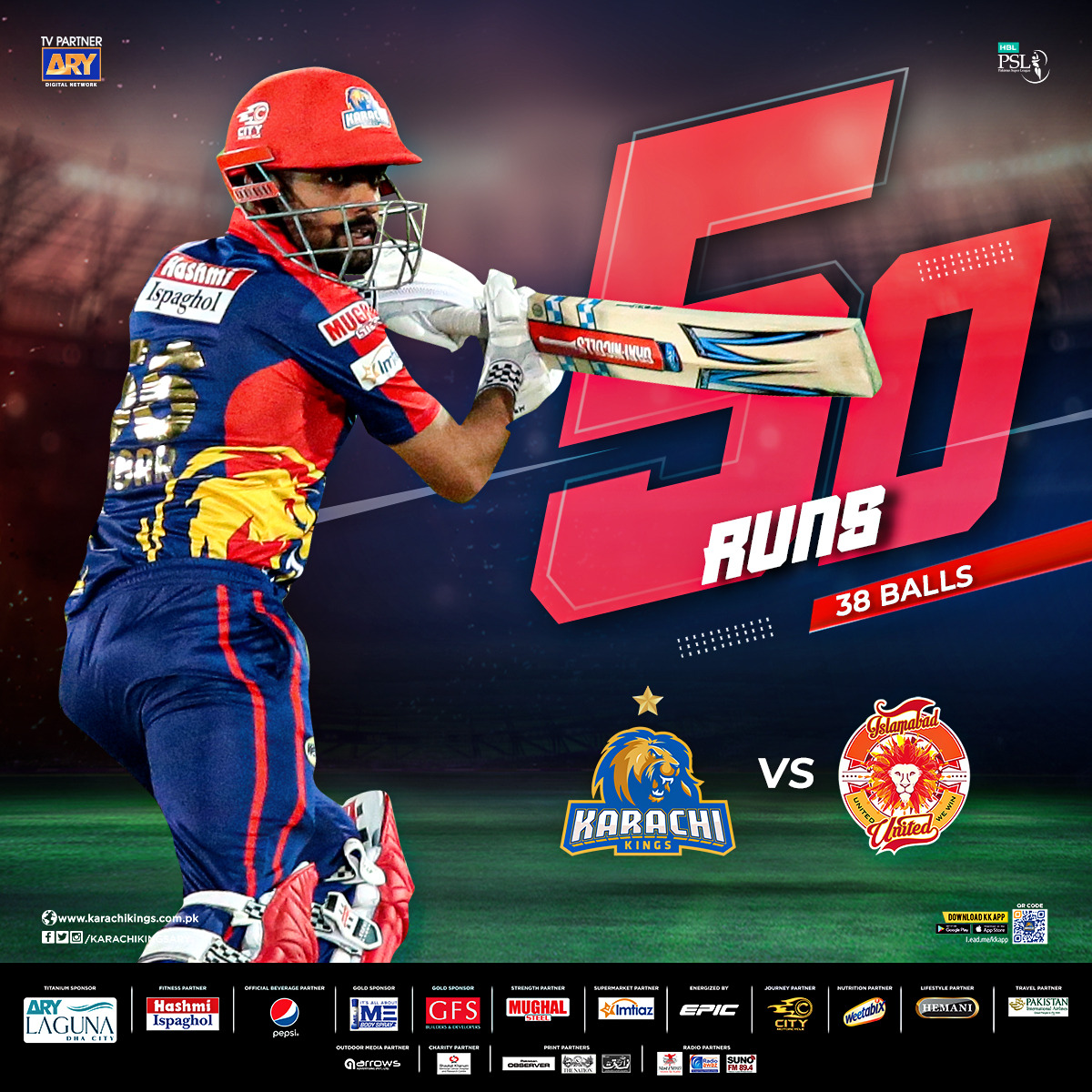 KarachiKingsARY's tweet photo. #Match2 - #HBLPSL6 - #KKvIU 

👑 #King #BabarAzam brings up his 5️⃣0️⃣ in #KingsStyle 😎

#YehHaiKarachi #ChampionsKaKarachi 
@babarazam258 https://t.co/JOuS16ogVo