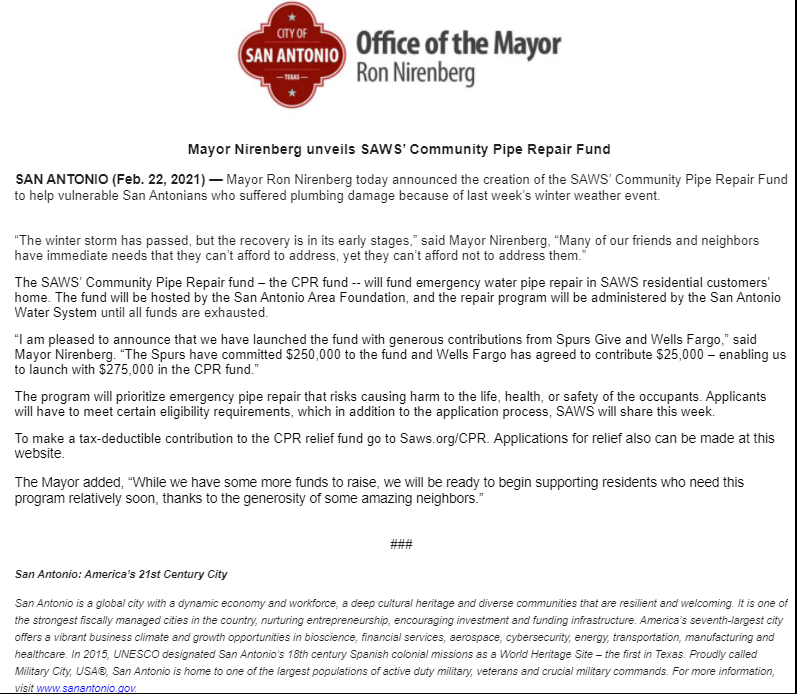 SAISDBall's tweet photo. If your pipes were affected by last week's freeze, help is available. Please read the attached letter from the Mayor's office. https://t.co/i46TqxPhHX
