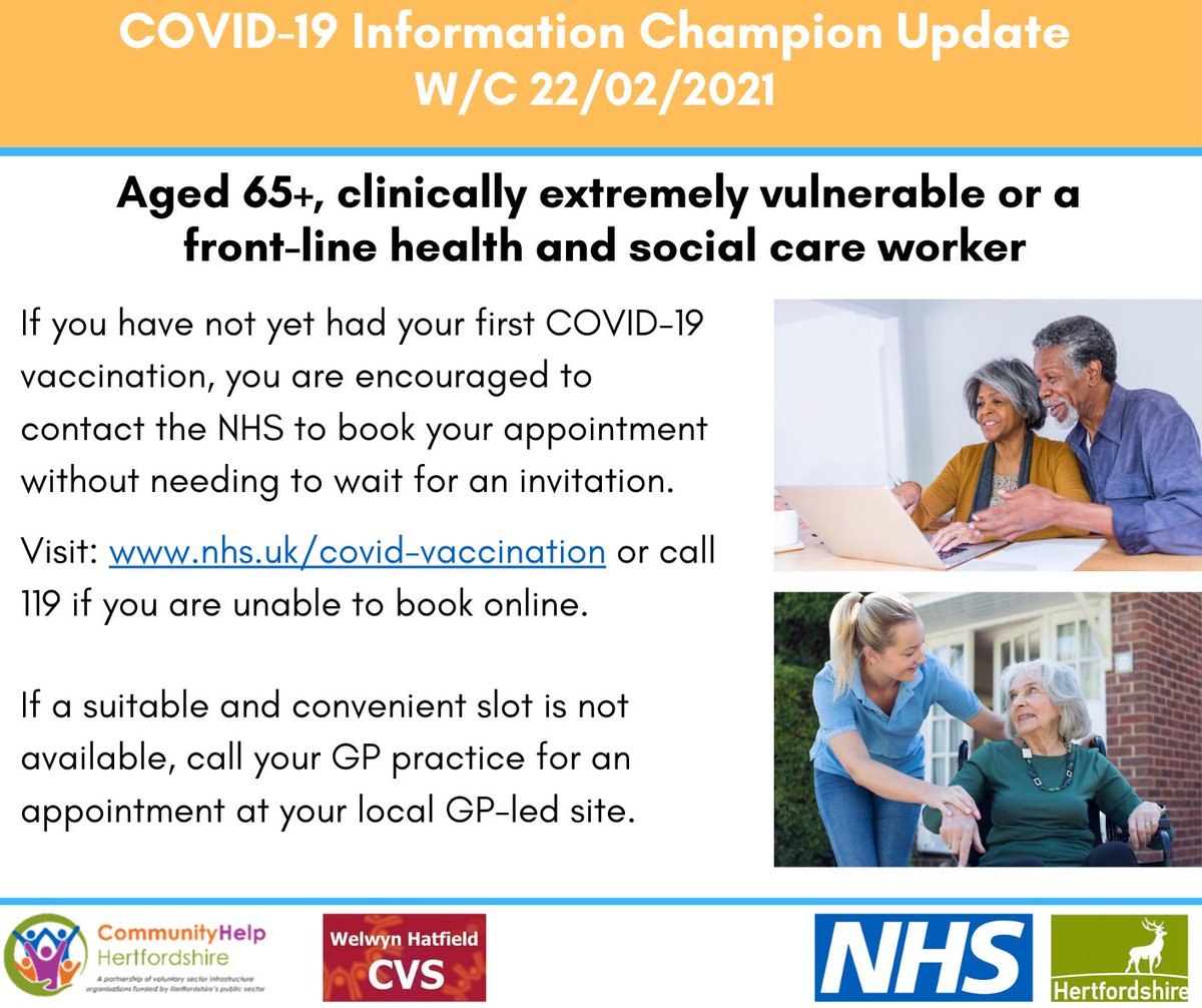 W/C 22nd February 2021
The latest COVID Information Champion Update. 

Please share this post with your friends, colleagues, neighbours and community. 

#NationalLockdown #COVID19 #WelwynHatfield #Hertfordshire #NeverMoreNeeded #CovidInformation #PublicHealth #RightNow