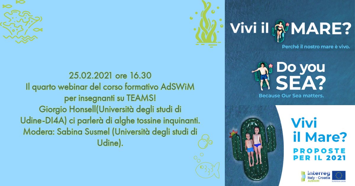AdswimProject's tweet photo. Fourth webinar of the #Adswimproject training course for #teachers, on TEAMS in ๐ฎ๐น With prof. Giorgio Honsell @uniud talking about #algalblooms, harmful for the proliferation of algal species producing toxins and environmental modification caused by human activities. ๐ข๐ https://t.co/b0yCF3WhFY