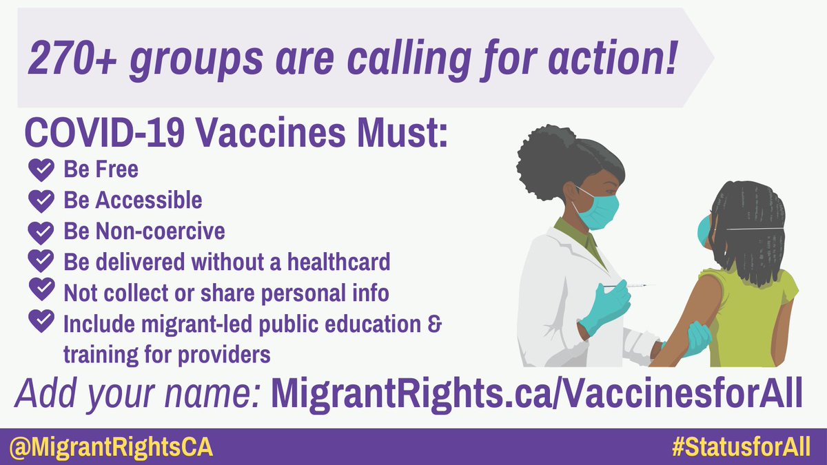 Inter_Pares's tweet photo. Everyone regardless of immigration status must be guaranteed #COVID19Vaccine. Inter Pares joins @MigrantRightsCA + 270 groups to call on Provinces &amp; Feds to ensure #VaccinesforAll. 

Add your name: https://t.co/IkDrtgi7lx

#StatusforAll @CPHO_Canada https://t.co/fv311D6tEl