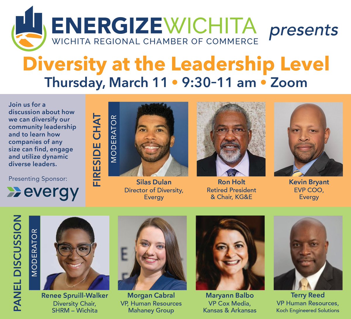 Join us on March 11 for our next Energize Wichita event. Attendees will hear a candid fireside chat about DEI. 

Chamber member cost is $10 for this virtual event. Register at wichitachamber.org/events