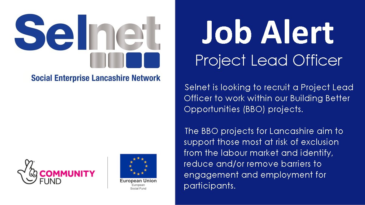 We're recruiting! We have an opportunity to join us as a Project Lead Officer working within the Building Better Opportunities projects. 
Application deadline: 1pm, Mon 1st March
👉bit.ly/2OzW242
#SocEntLancs #LancashireJobs #NorthWestJobs #SocEntJobs #TNLComFundESF