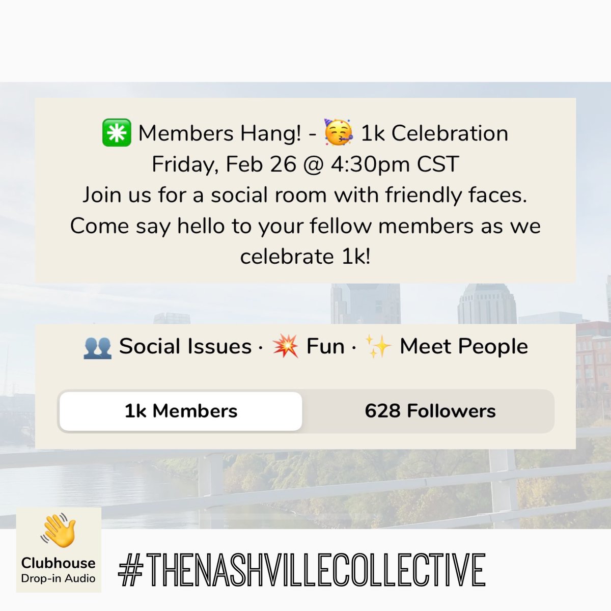 bnacollective's tweet photo. Milestone celebration Friday on @joinClubhouse! #Nashville #joinclubhouse #TheNashvilleCollective https://t.co/lVPj4eCjtn