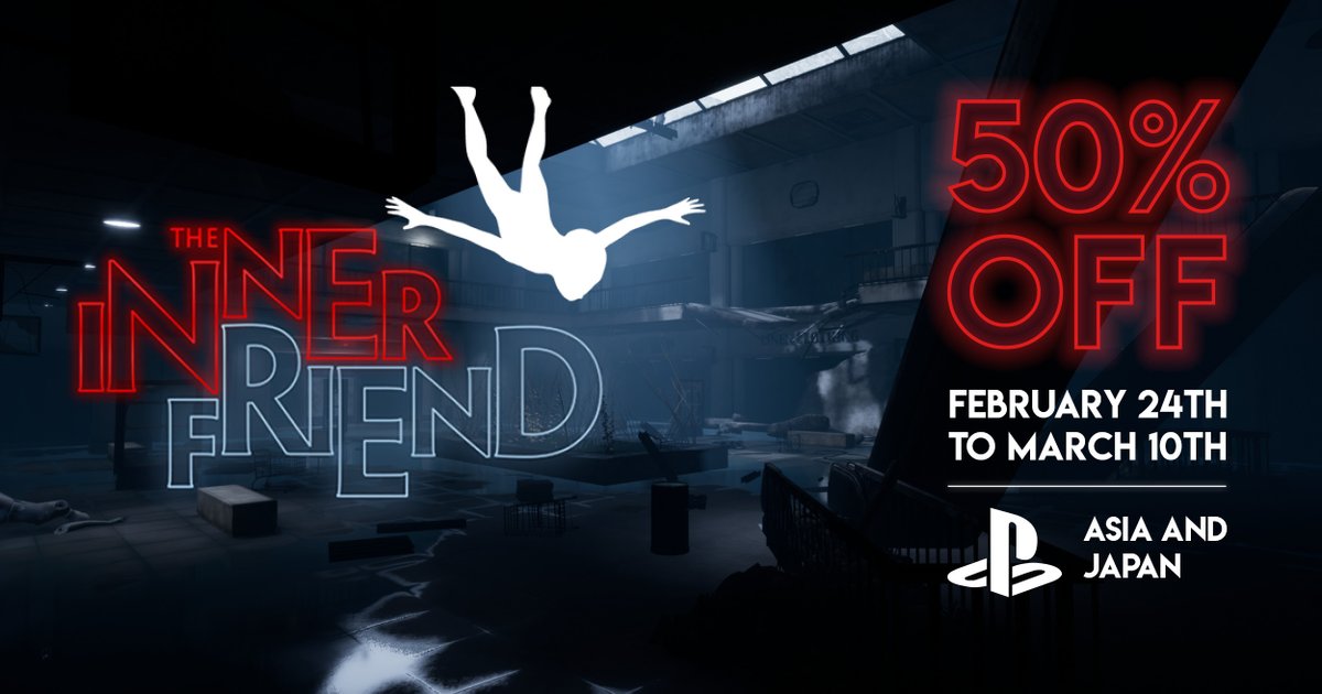 📣 NEW PROMOTION for The Inner Friend! 📣
Get 50% off* on PlayStation until March 10th! 
*Only for PlayStation Asia and Japan

#game #playstation #promotion #rabais #indiegame #TIF #PlayStation #Asia #Japan #gaming #promo #sales
