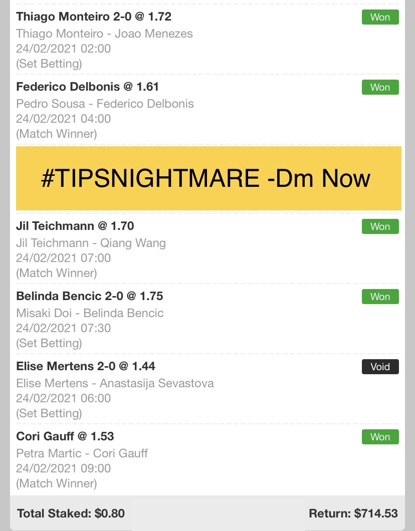 TipsNightmare's tweet photo. 800 odds #parlay #tennisbetting #atp #wta #twittergambling π«π·ππ°
#TIPSNIGHTMARE SPORTS ANALYST TEAM -#BOOM
Imagine betting 1000$ to get 80,000$ back ππ
We converted a #freebet of 0.8$ into 700$ ππβ
#DM TO JOIN #UNICLUB π¦
Monthly plan & start winning βοΈβ
π°π https://t.co/uPS3zELJNA