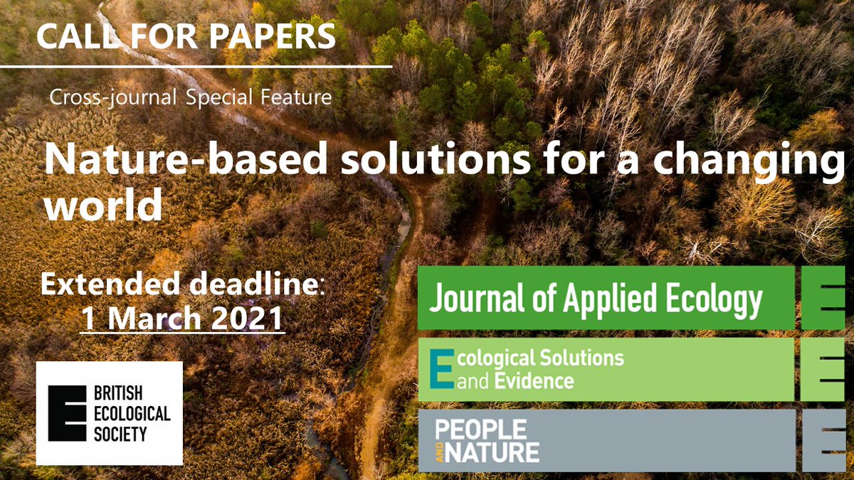 Journal of Applied Ecology (@jappliedecology) on Twitter photo *DEADLINE EXTENDED - 1 March 2021*
We are currently welcoming submissions that will advance our understanding of #NatureBasedSolutions across the globe, as part of a special feature with
<a href="/AER_ESE_BES/">Applied Ecol. Resources|Ecol. Solutions & Evidence</a> & <a href="/PaN_BES/">People and Nature</a>
Find out more: ow.ly/2VYN50DurCr *DEADLINE EXTENDED - 1 March 2021*
We are currently welcoming submissions that will advance our understanding of #NatureBasedSolutions across the globe, as part of a special feature with
<a href="/AER_ESE_BES/">Applied Ecol. Resources|Ecol. Solutions & Evidence</a> & <a href="/PaN_BES/">People and Nature</a>
Find out more: ow.ly/2VYN50DurCr