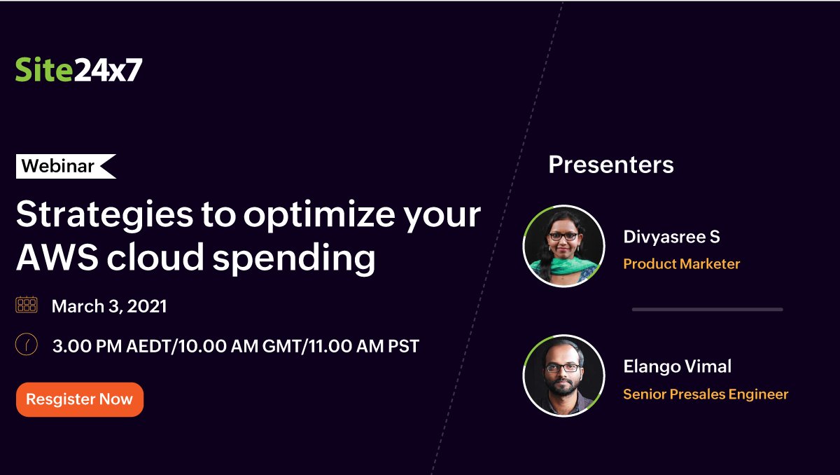 Site24x7's tweet image. Join our experts to understand how Site24x7 CloudSpend can help you with #AWS cost management, so you get the most value out of every dollar spent.
AEDT: meeting.zoho.com/meeting/regist…
GMT: meeting.zoho.com/meeting/regist…
PST: meeting.zoho.com/meeting/regist…
#amazonwebservices #awsinfrastructure