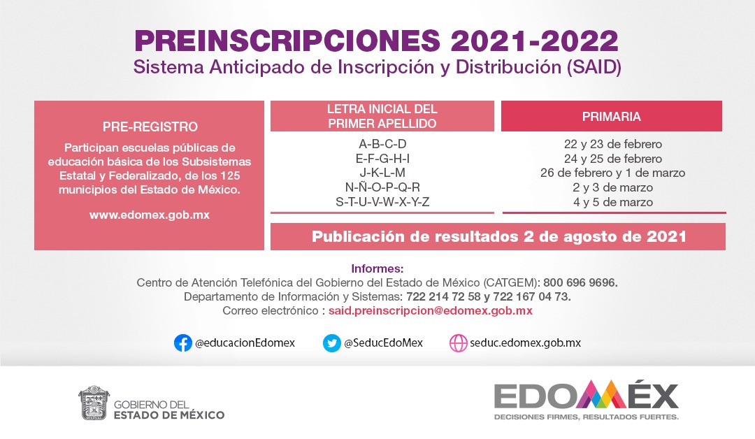 ¿Vives en el #Edoméx? Consulta la convocatoria de #SAID2021 para preinscripciones a primer grado de educación PRIMARIA.
24 y 25 de febrero corresponde a las letras iniciales del primer apellido E, F, G, H e I.
<a href="/Edomex/">Gobierno del Estado de México</a> 
<a href="/SeducEdoMex/">Educación, Ciencia, Tecnología e Innovación</a>