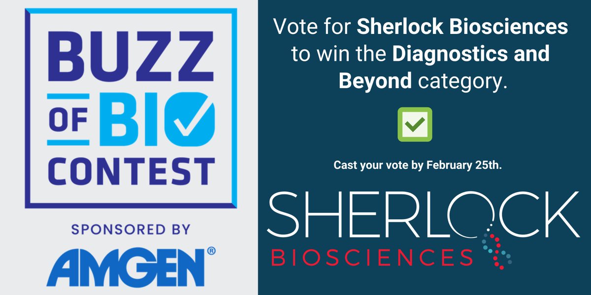 Sherlock_Bio's tweet photo. Sherlock Biosciences has been selected as a finalist by @IAmBiotec for Buzz of Bio in the Diagnostics and Beyond category in recognition of our innovations in #CRISPR and #synbio to advance testing.
We’d welcome your support – vote here:
https://t.co/qTRgAqt1s8 https://t.co/u4kiIeoIp7
