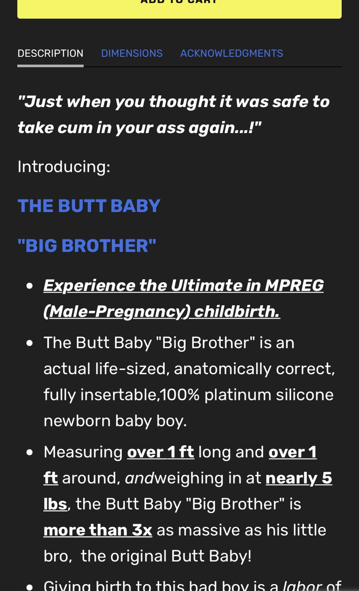 Slatzism's tweet photo. a sex toy store is offering a silicone male baby for men to shove up their ass and "birth" out to experience "male pregnancy"

I have no words strong enough to express the exasperation. https://t.co/CiHZSLsVnx