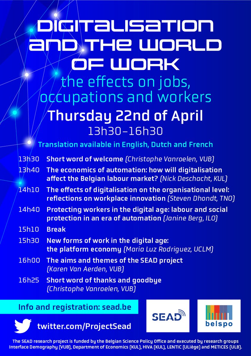 Ben je benieuwd naar wat digitalisering doet met de Belgische arbeidsmarkt? Dan hebben wij een interessant webinar voor u! Zet 22 april in uw agenda en schrijf u in via sead.be (en volg <a href="/ProjectSead/">SEAD_project</a>)