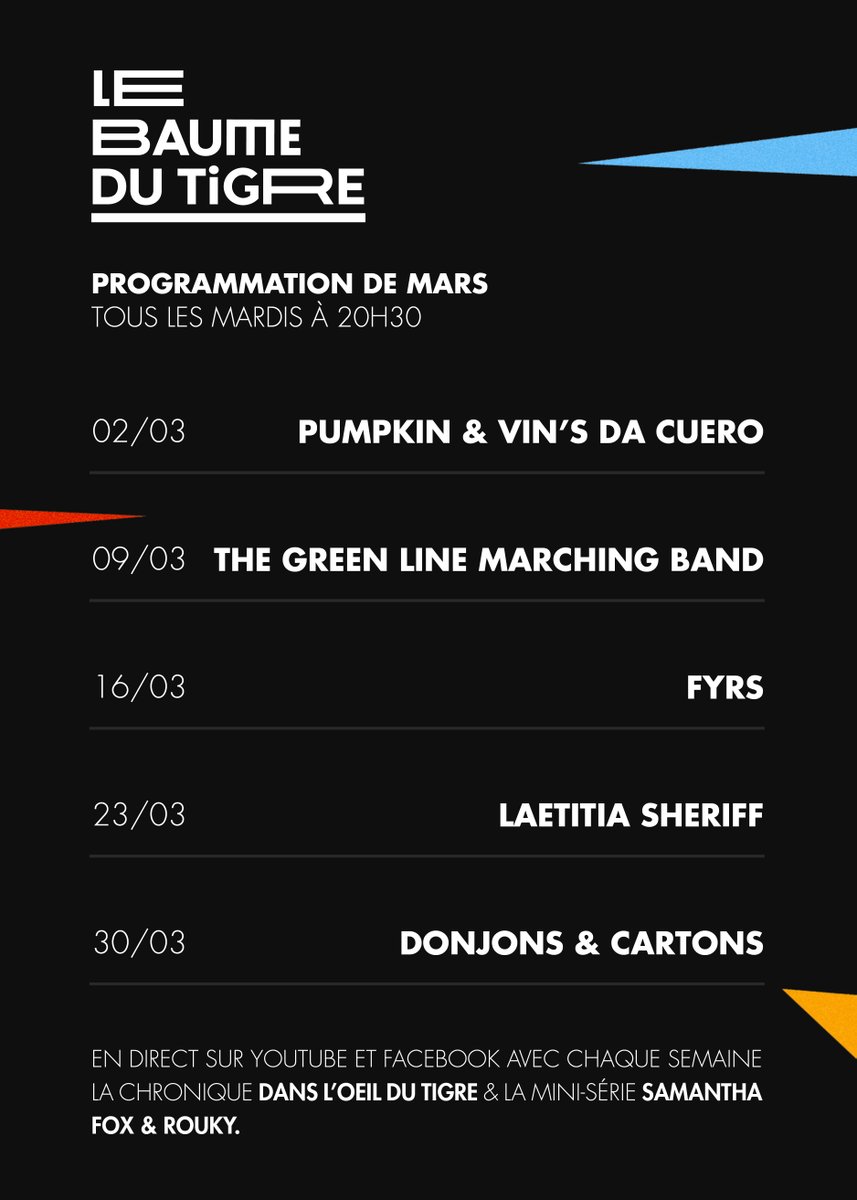 LE BAUME DU TIGRE Une dose à appliquer tous les mardis à 20h30 à partir du 2 mars ! 🐯🔥 Découvrez le programme du mois : @pump_kinette @nantesfr @LeSonUnique @Radio_Prun @fipradio @F3PaysdelaLoire @BigCityLife44 @telenantesinfo #emission #musique #live #nantes #culture