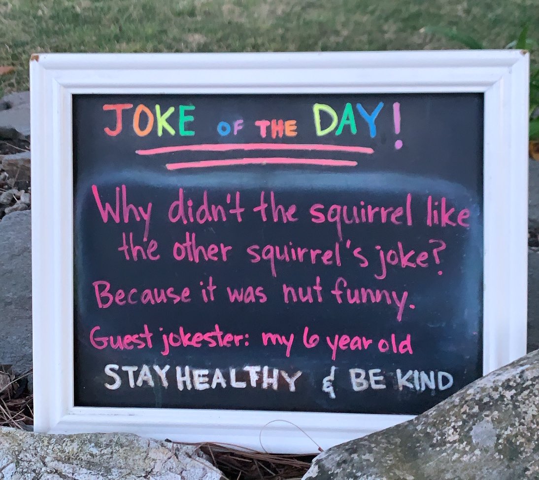 Apparently every single day, since covid started, this one neighbor has been putting out a joke on the end of their lawn, just so everyone will smile each and everyday. These are my kind of people.