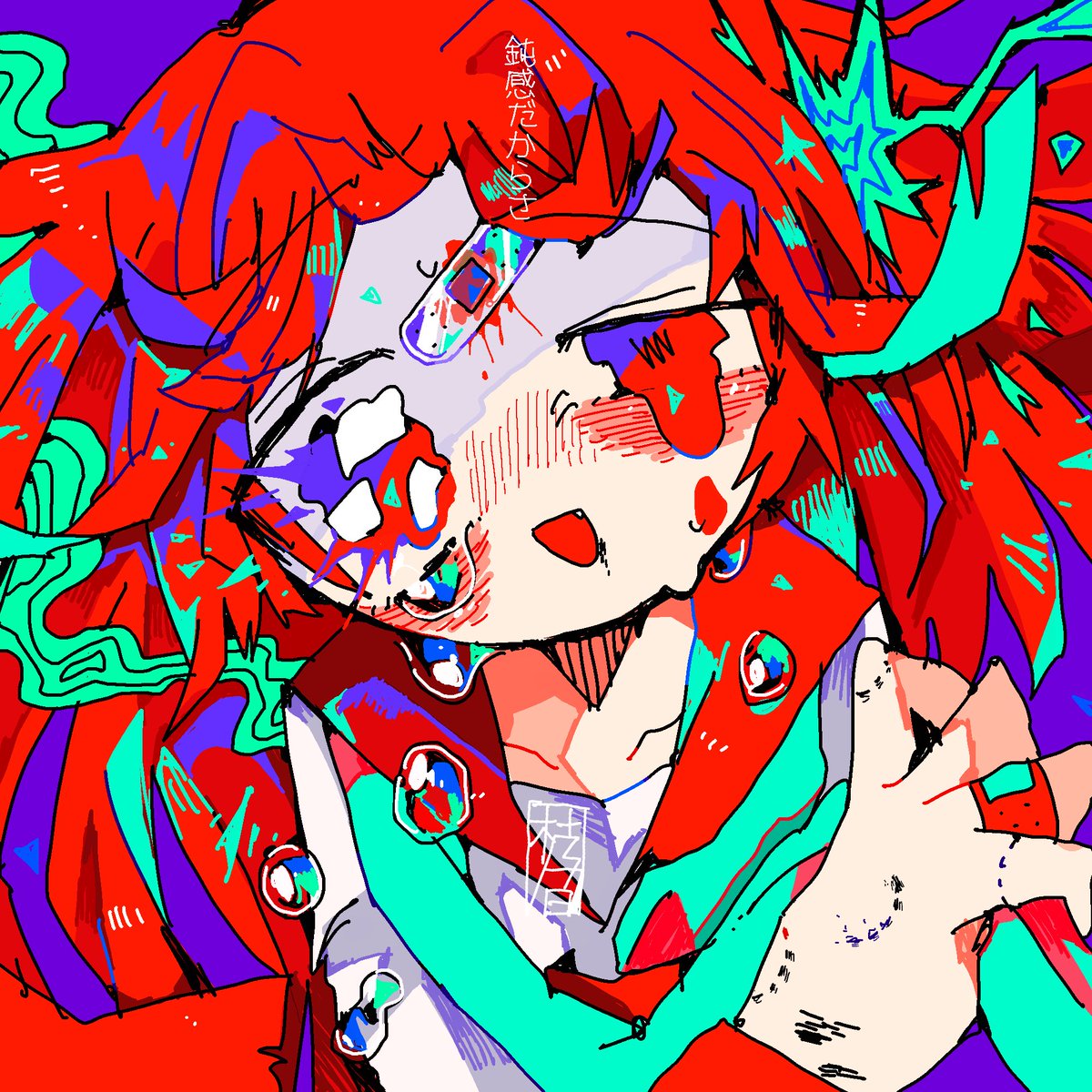 solo open mouth red hair fang blush abstract 1girl  illustration images
