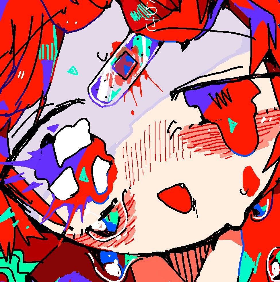 solo open mouth red hair fang blush abstract 1girl  illustration images