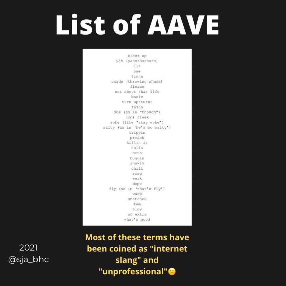sja_bhc's tweet photo. We must acknowledge that pop culture is influenced by Black culture + note that Black creators should be credited for their impact on social media apps!

Swipe 2 familiarize yourself with African American Vernacular English-‘AAVE’ and click the link in our bio to watch the video https://t.co/UYchBJh3zB