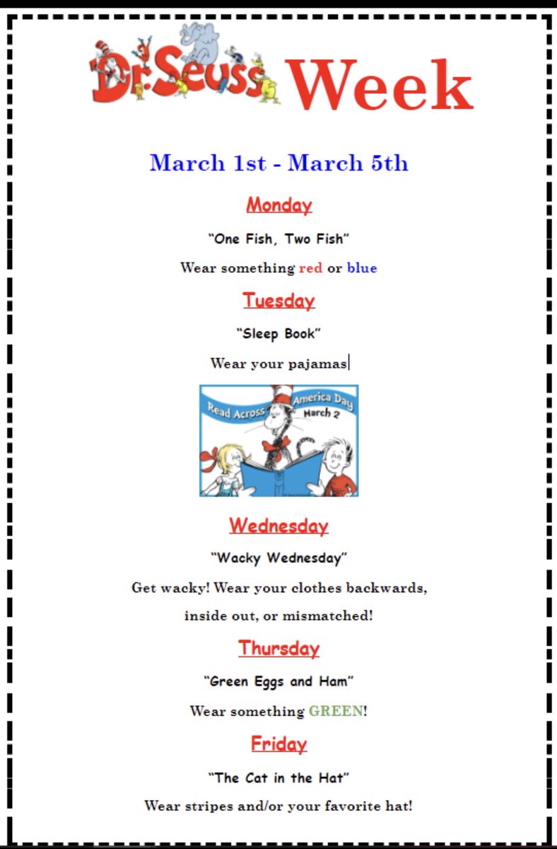 Join us for Sprit Week for Dr. Seuss Week!  #CrestdaleCrusaders #JoyfulLearners