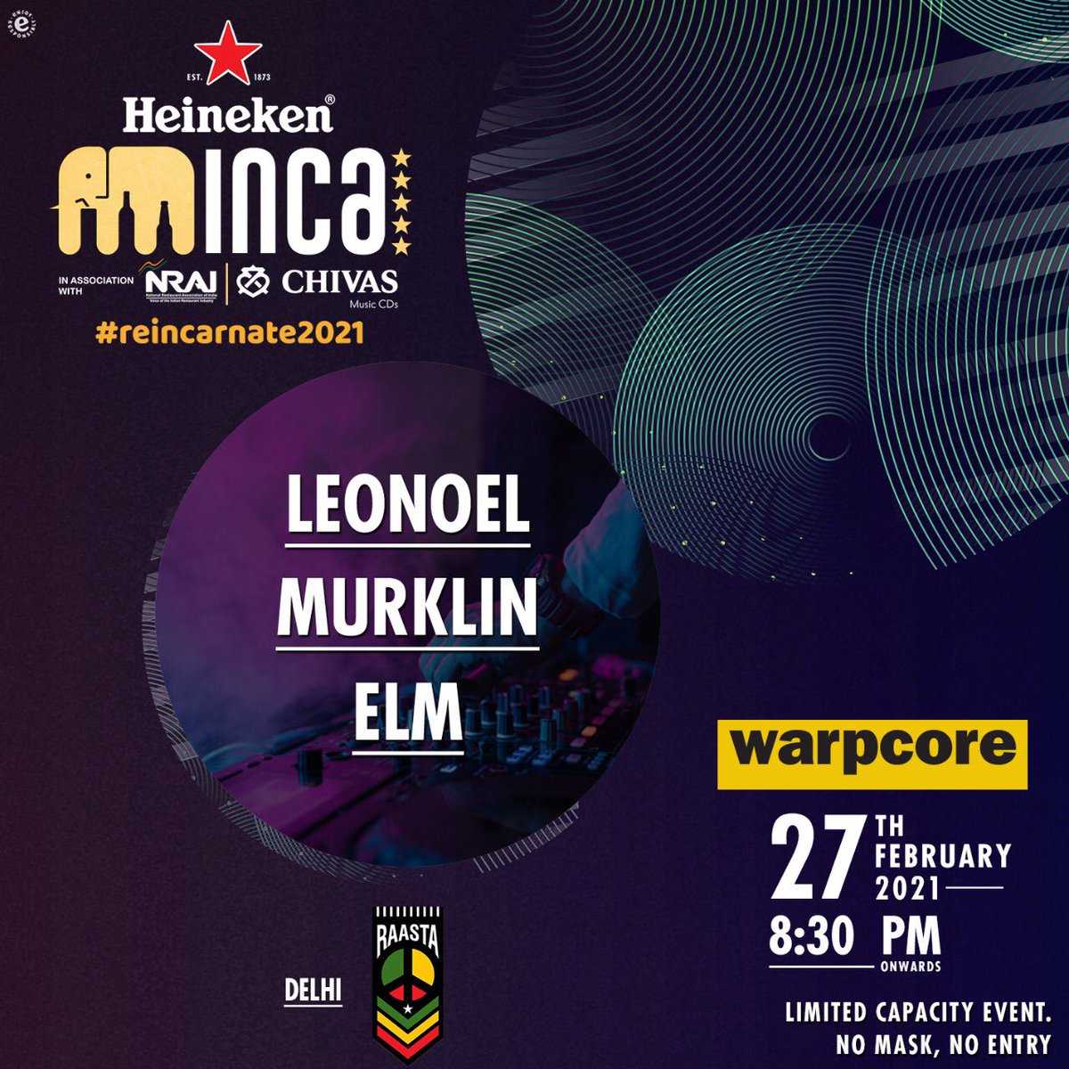 Delhi, we are here for you 🍾 Join us at Raasta (<a href="/RaastaDelhi/">Raasta</a>) to kickstart #reINCArnate2021 this weekend! #INCA2021 #CheersToAll 
.
Note : No mask, No entry 😷