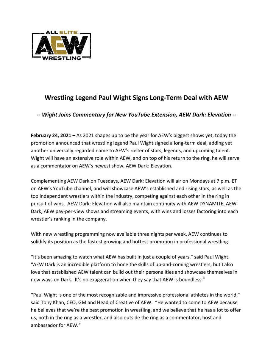 AEW's tweet photo. Welcome to the team...
@PaulWight is #AllElite

For the complete release click here 
https://t.co/Cru5OrCOdk

Watch #AEWDynamite TONIGHT at 8pm on @tntdrama https://t.co/jYT2ltyZwv