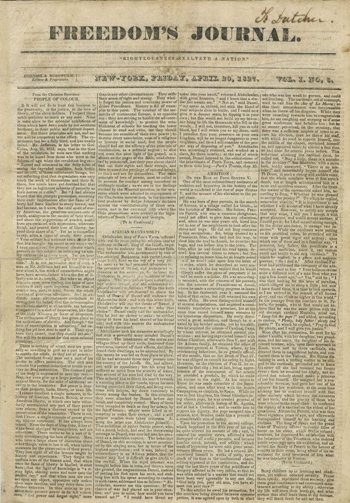 ⭐ Freedom’s Journal (1827–1829) was the 1st U.S. newspaper owned &amp; operated by African Americans. 

Published in New York City &amp; aimed at the region’s Black population, it was an important abolitionist voice in the time of slavery. #BlackHistoryMonth