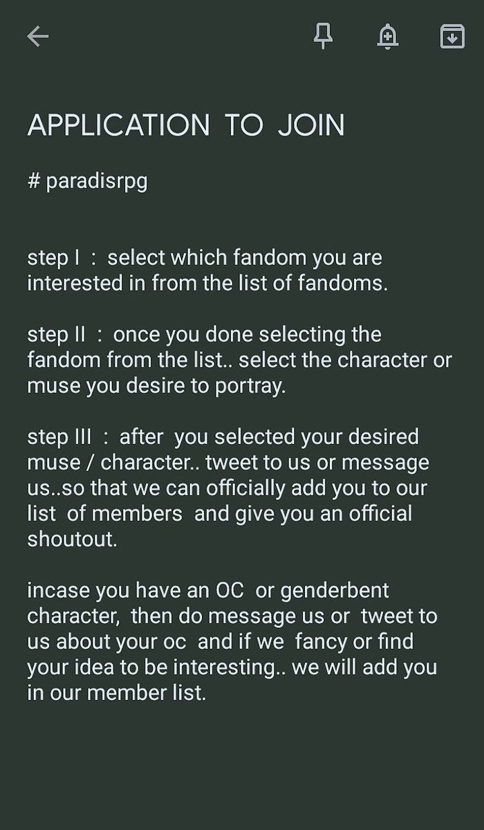 ㅤ
ㅤ
  /  𝐓𝐎 𝐀𝐏𝐏𝐋𝐘 𝐎𝐑 𝐉𝐎𝐈𝐍  /

  follow  steps   mentioned
  below  if  incase  you  are 
  interested to  try this  rpg 
ㅤㅤㅤ ───────

 ﹟ paradisrpg

ㅤ