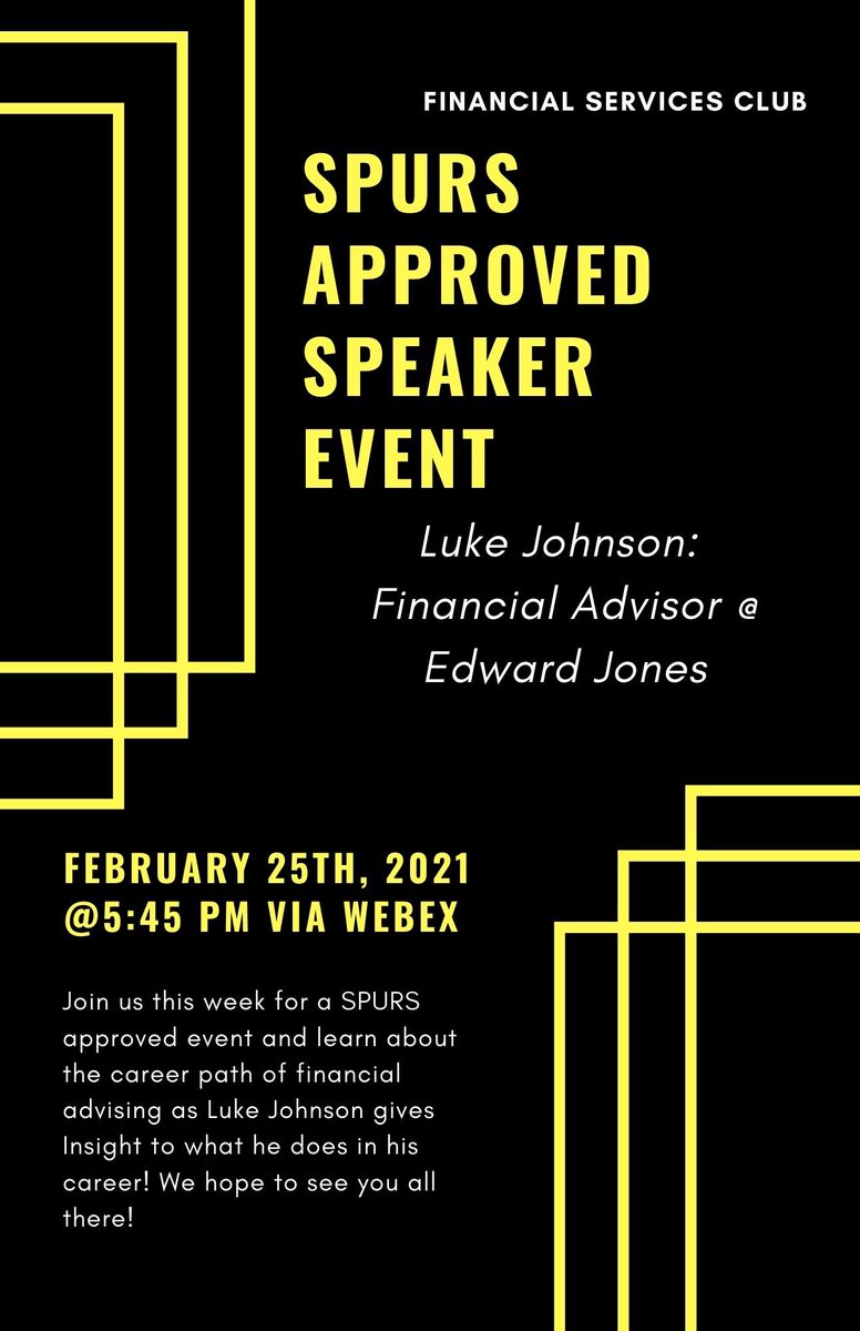 FSCWMU's tweet image. SPuRS APPROVED EVENT: This weeks meeting is with Luke Johnson, a financial advisor at Edward Jones. This event has been SPuRs approved and begins at 5:45pm on Thursday, February 25th. Zoom Link: zoom.us/j/92399528364?… Meeting ID: 923 9952 8364 Passcode: 6ApLmJ