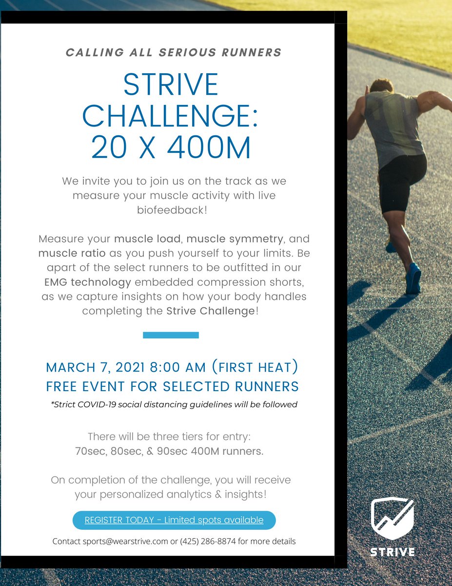 ATTN #Seattle #Runners! 🏃‍♂️🏃‍♀️
Join us on March 7th for the Strive Challenge: 20 x 400M! Now is your chance to use our ground-breaking #EMG technology to measure your #Muscle Activity while testing your limits on the track. Spots are limited #REGISTER today: bit.ly/3r0P9He