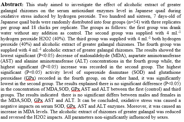 The Effect of Alcoholic Extract of Rhizomes of Greater Galangal (Alpinia galanga L.) on the Serum Antioxidant Enzymes for Japanese Quail During Oxidative Stress Induced by Hydrogen Peroxide | Basrah J. Agric. Sci. bjas.bajas.edu.iq/index.php/bjas…