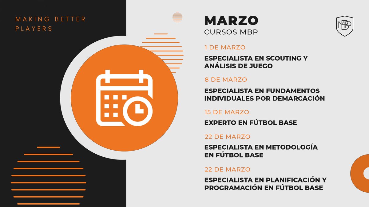 MBPSchool's tweet photo. ❗️CURSOS MARZO #MBP❗️
Matrículas abiertas ➡️ https://t.co/Q4ohxmqcze
#IAmMBP #MBPAlumni #Futbol #MBPFamily #FutbolBase #MetodoMBP https://t.co/yVGOEVxPJA