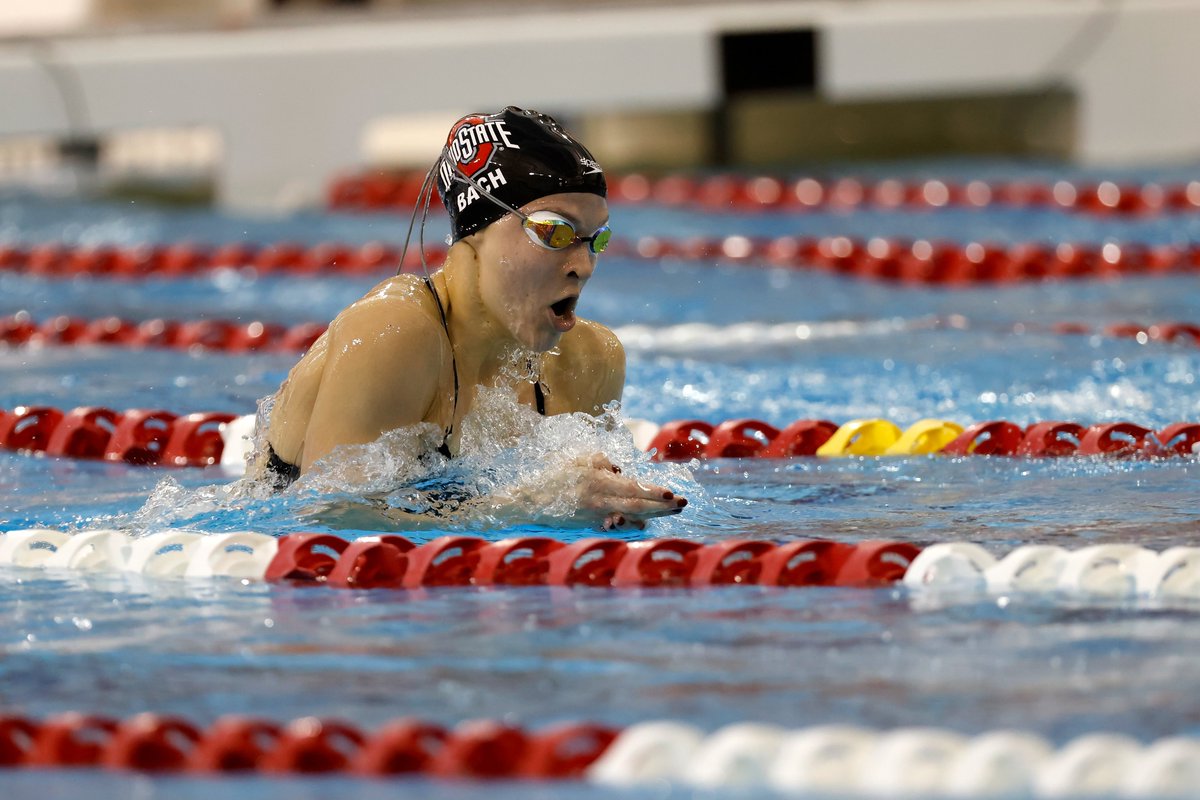 OhioStSwimDive's tweet photo. The 200 MR win was all about the team ... but we just have to call out Hannah Bach and her 26.03 breaststroke split which is the 10th fastest in American history and makes Bach the fourth-fastest swimmer, after Lilly King, Kasey Carlson and Kayla Brumbaum. https://t.co/bp7o8kP5e8