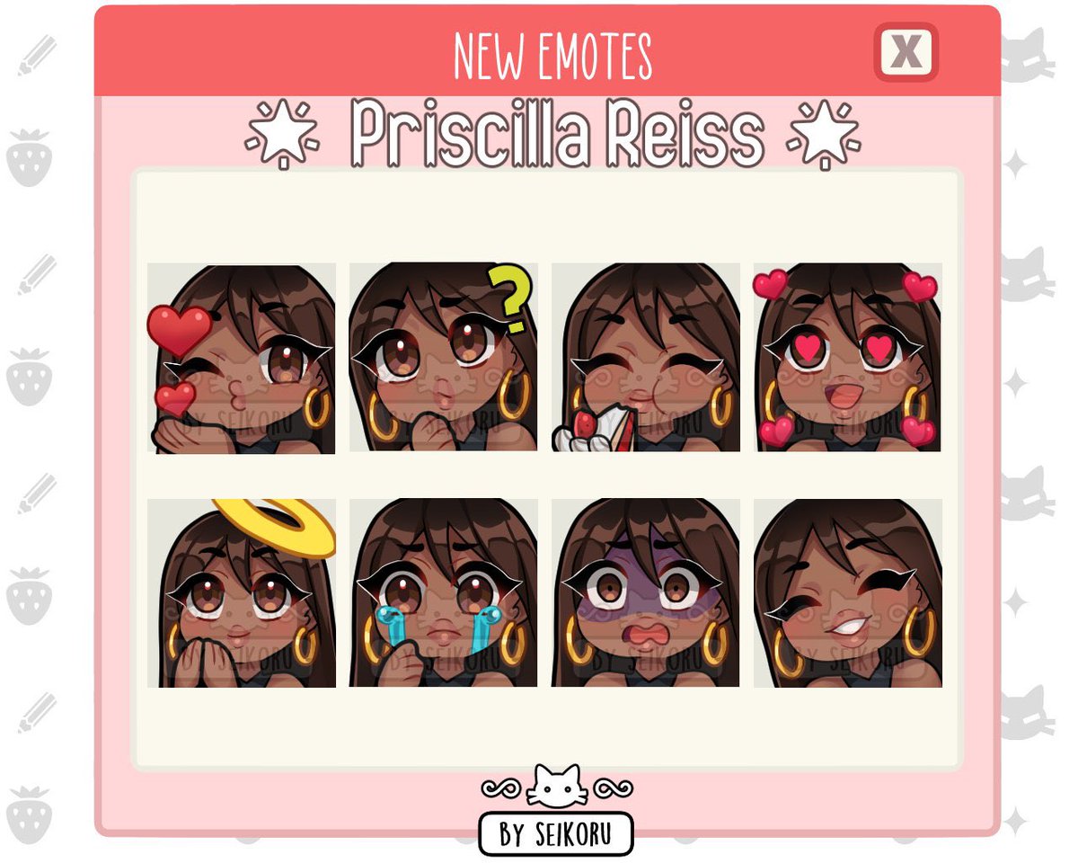 _PriscillaReiss's tweet photo. Sooooo exciting!!! 

My Twitch channel now has EMOTES 🥰 Aren’t they the cutest? 

So many kisses to @SeikoruArt for making these custom for my channel ❤️ https://t.co/RxGDf0BtRc