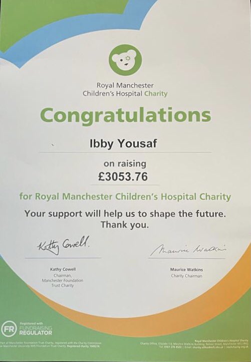sugs75's tweet photo. Wow I received this today from @RMCHcharity I want to say a huge thank you to my team #Ibbys15for15 for helping to raise £3053.76 for the Respiratory Team at @RMCHosp Thank you to every single person who donated. #OldhamHour https://t.co/sY478aotCE