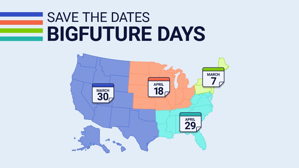 . <a href="/CollegeBoard/">College Board</a> is hosting a series of virtual college fairs called BigFuture Days! We've seen a great deal of interest in these events, so we rescheduled them for later this spring to ensure a positive and successful experience for attendees. Sign up: spr.ly/6015HYHm5.