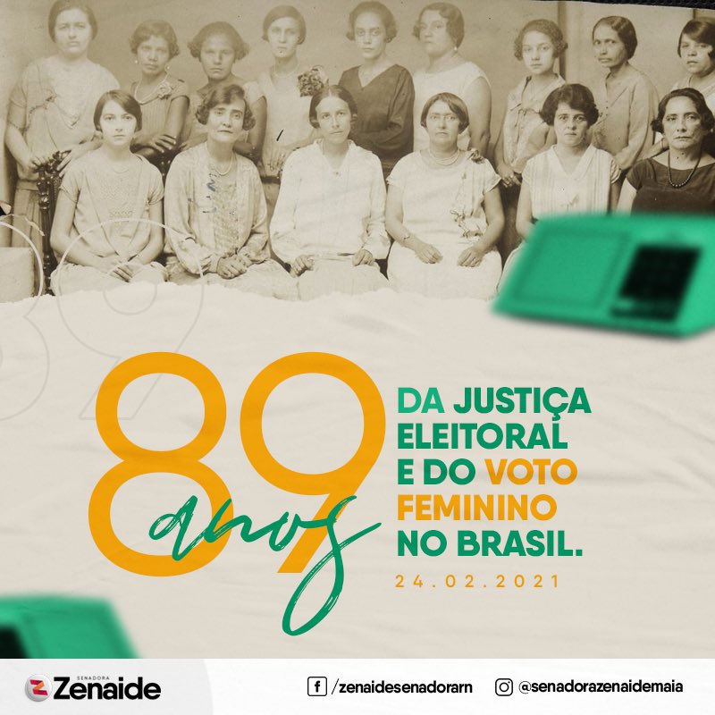 zenaidern's tweet photo. #89anos 🎂 Parabéns, eleitoras do Brasil! Parabéns, justiça eleitoral! Parabéns, Rio Grande do Norte, pelo pioneirismo nessa luta! #VotoFeminino @trernoficial @TSEjusbr https://t.co/Ryc2rMILDD