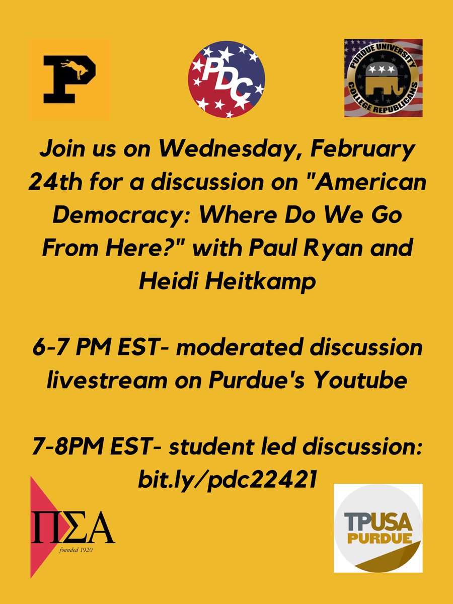 DiscourseClubPU's tweet photo. Join us and other political orgs on campus for a virtual moderated discussion between Former Speaker of The House Paul Ryan and Sen. Heidi Heitkamp on Purdue’s Youtube Channel! There will be a PDC style conversation via Zoom, after the moderated discussion. #TalkBetter https://t.co/th6KeZYxD5