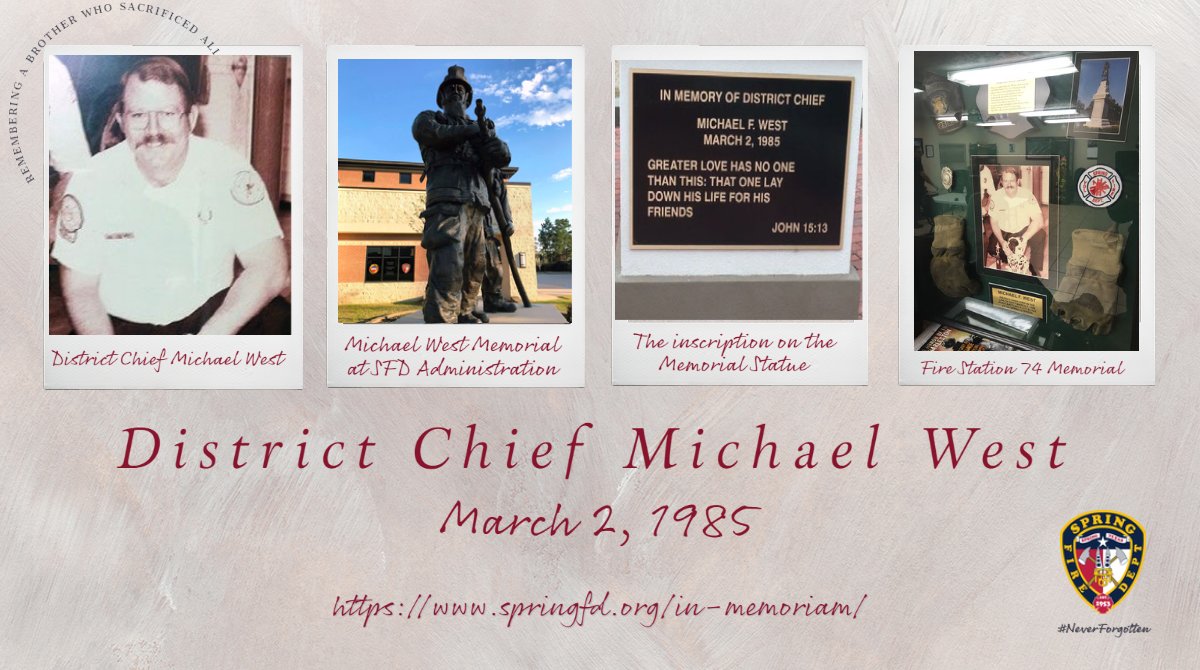 Springfdtx's tweet photo. On Texas Independence Day 1985, Spring Fire District Chief Michael West lost his life fighting a two-alarm fire. Mike is memorialized in front of our administration building: https://t.co/T48UlGia98
#neverforgotten #LODD #springfirefamily https://t.co/Pfhuubjtbk