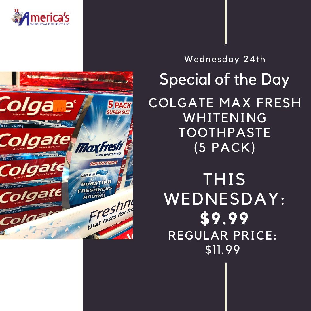 AWO_Boardman's tweet photo. Wednesday Special!
Colgate Max Fresh Whitening Toothpaste - 5 PACK!
Regular price: $11.99
WEDNESDAY'S PRICE: $9.99!!!
While supplies last! https://t.co/mqDwFJ7CcE