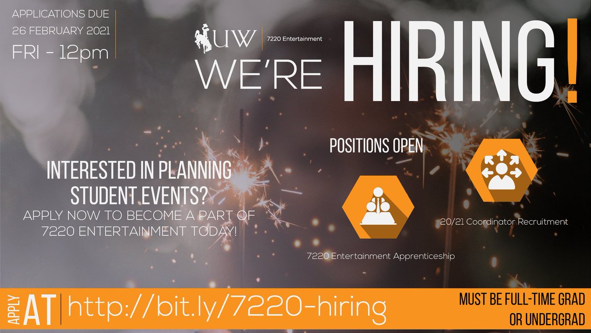 7220Entertain's tweet photo. Interested in planning student events? We're hiring! Apply now to become a part of 7220 Entertainment at https://t.co/W6j859V33f. You must be a full time student to apply. https://t.co/MDHwTmYk1b