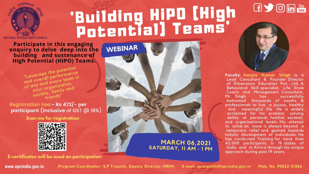 SPT_NPC's tweet photo. @HRCommunity_
#hrcommunity
#DOYOUNG_RELAYCAM
#Trending
#HiPoTeams
#NPC #npcindia @NPC_INDIA_GOV
#presents #interactive #onlinelearning #workshop on
#Building #HighPotential #Teams
#ReserveDates 6th March, 2021
#Time 11am to 1pm https://t.co/y7Xd1oiKct