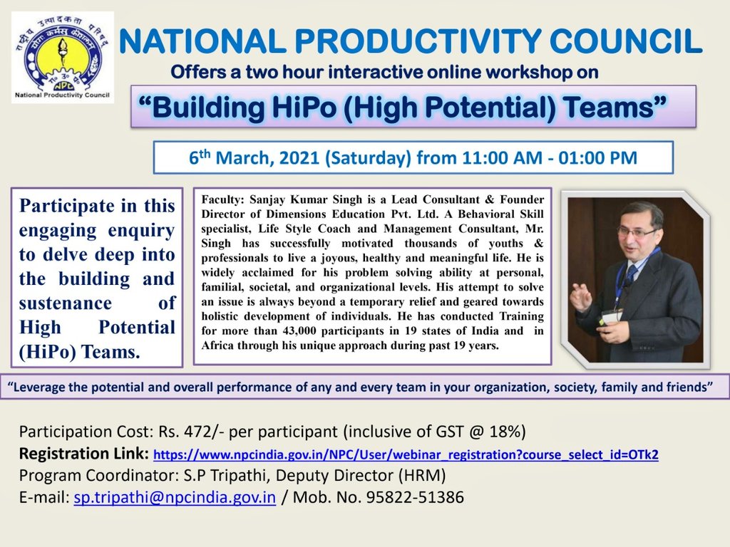 SPT_NPC's tweet photo. @HRCommunity_
#hrcommunity
#DOYOUNG_RELAYCAM
#Trending
#HiPoTeams
#NPC #npcindia @NPC_INDIA_GOV
#presents #interactive #onlinelearning #workshop on
#Building #HighPotential #Teams
#ReserveDates 6th March, 2021
#Time 11am to 1pm https://t.co/y7Xd1oiKct