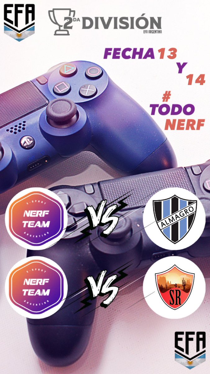 nerfteamok's tweet photo. 🎮FIFA 21 - #LigaEFA

⚽️Esta lunes NERFTEAM jugó la fecha 13 y 14 por la LIGA 2DA de @EFAargentina:

➡️1er Partido: ALMAGRO ESPORTS
➡️2do Partido: SPORTIVO RIOJA

🟥#TODONERF 🟪 https://t.co/7jfWalbE6D