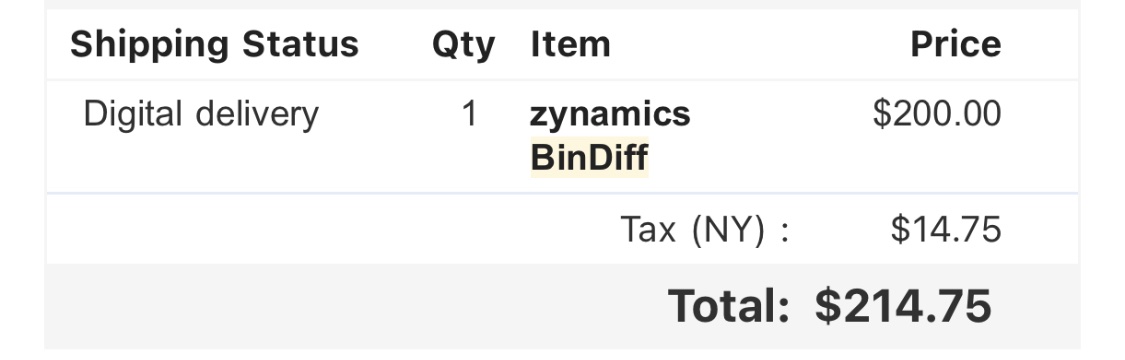 0x30n's tweet image. Heh, found an old purchase receipt 
#BinDiff (now free at zynamics.com/software.html)