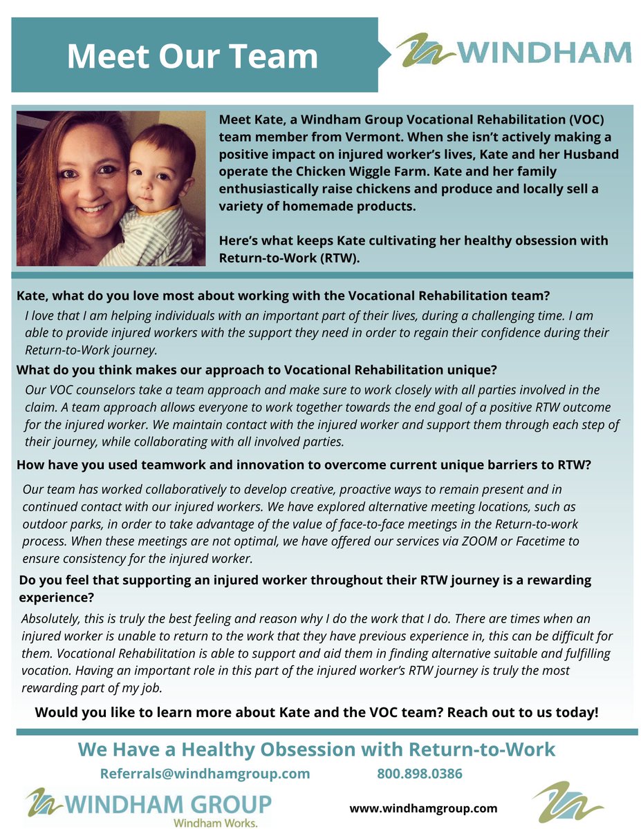 WindhamWorks's tweet photo. Shining the spotlight on Kate, a member of our #vocationalrehabilitation team who understands how important it is for an injured worker’s well-being to return to productivity as soon as possible. https://t.co/LcivqEKw1X #windhamworks #meetourteam #employeespotlight #workerscomp https://t.co/1Rqg4RiK1v