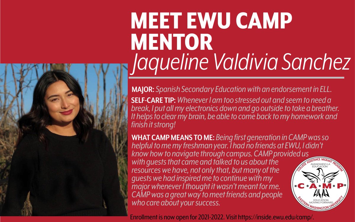 EwuCamp's tweet photo. Meet Jaqueline! Our EWU CAMP Mentors are an inspiration to their mentees and to our staff. #EWU #GOEAGS #ewucamp https://t.co/A1vBBoPMRJ